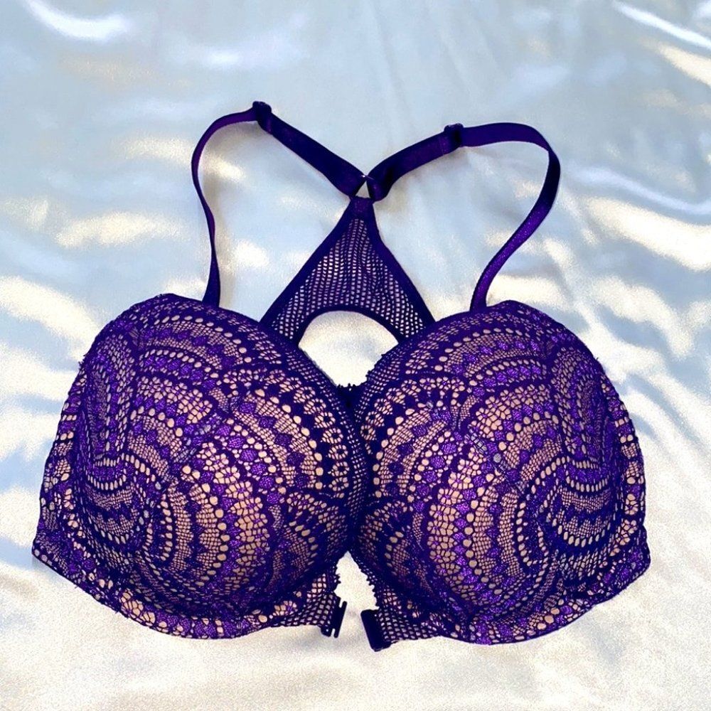 Front Close Racerback 32DD Bra‎ Fishnet Lace Purple